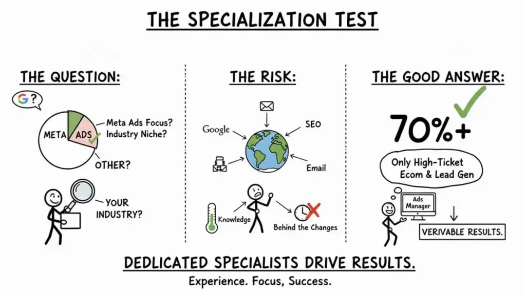 a cartoon drawing illustrating "the specialization test" for marketing service providers, divided into three columns: the question, the risk, and the good answer. the question column shows a pie chart asking about focus, specifically if it's "meta ads focus?" and asking about "industry niche?" and whether the provider does "google" or "other?" the risk column depicts a globe showing a generalist attempting to cover many areas like google, seo, email, and social media, with a figure showing a lack of knowledge (low thermometer) and being "behind the changes" (clock with a red x). the good answer column, marked with a green check, shows a large "70%+" indicating a deep focus, and specifies the niche is "only high-ticket ecom & lead gen," leading to "verifiable results" in the ads manager. the image's overall message at the bottom states: "dedicated specialists drive results. experience. focus. success."