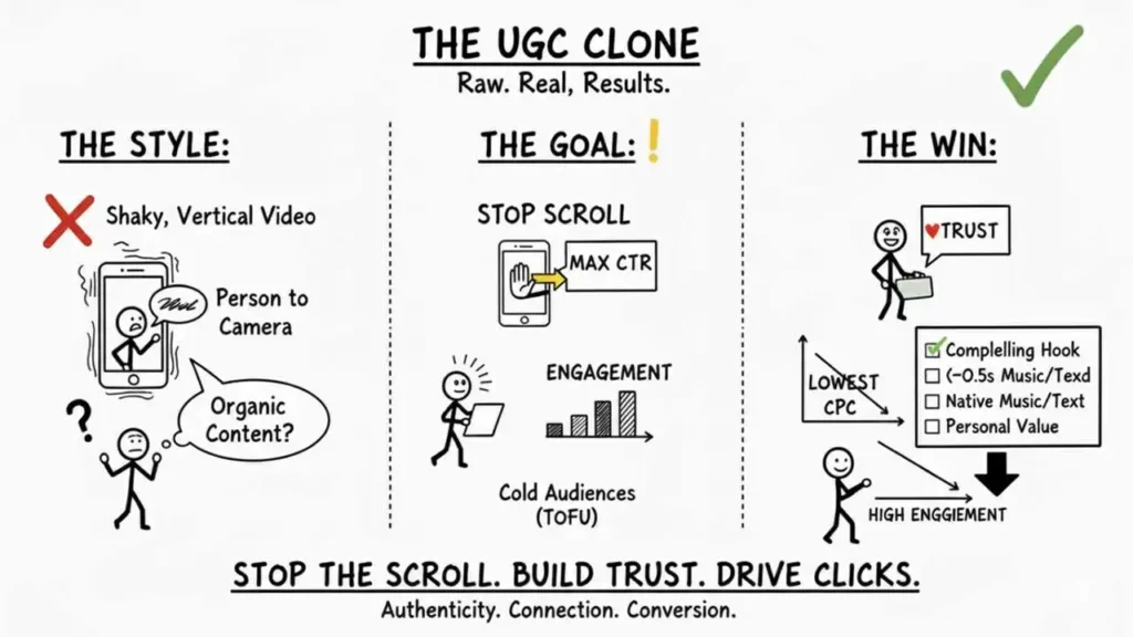 A hand-drawn instructional diagram is titled "the ugc clone" and subtitled "raw. real. results." It is divided into three sections: "the style," "the goal," and "the win." "the style" section features a red 'x' over "shaky, vertical video" and illustrates a person holding a phone for a "person to camera" shot, prompting the question, "organic content?" "the goal" section, marked with an exclamation point, outlines the immediate objectives: to "stop scroll" and "max ctr," and to increase "engagement" for "cold audiences (tofu)," shown with a bar chart and a hand graphic stopping a scroll on a phone. "the win" section shows a stick figure with a speech bubble reading "trust," and a checkmark over a list of elements for a compelling hook: "compelling hook," "(-0.5s music/texd)," "native music/text," and "personal value." This strategy aims for the "lowest cpc" and "high enggiement." The concluding message is: "stop the scroll. build trust. drive clicks," emphasizing authenticity, connection, and conversion.