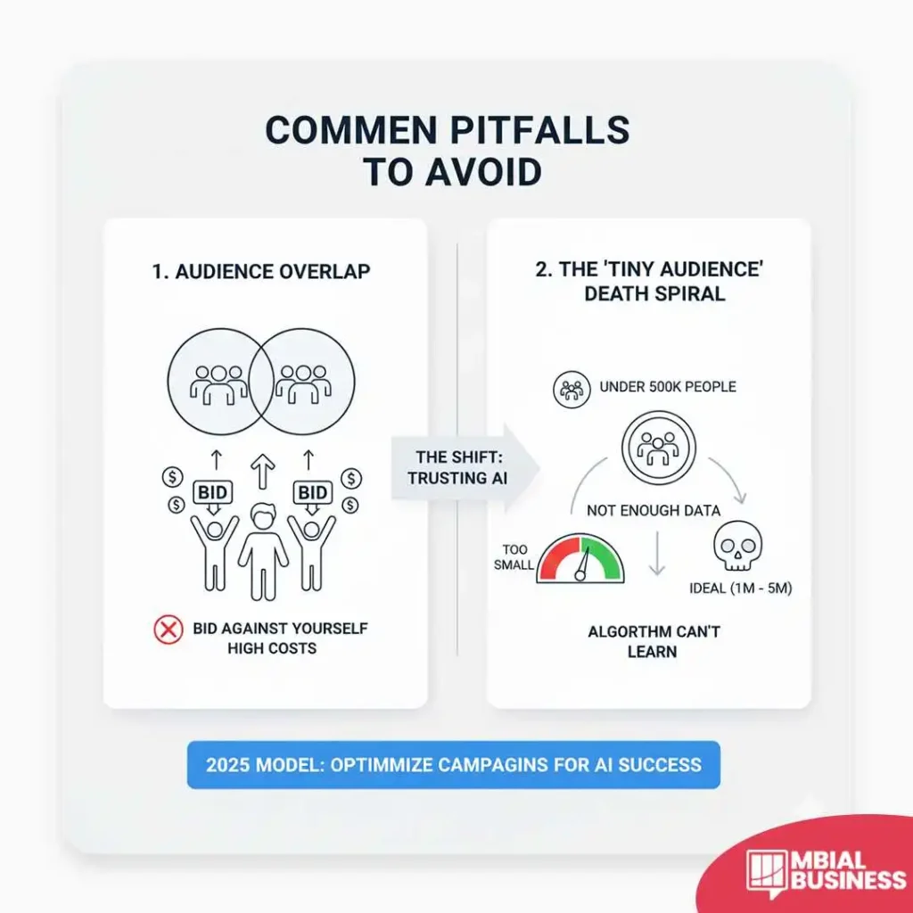 An educational infographic titled "Commen Pitfalls to Avoid" that outlines two major mistakes in modern digital advertising. The left panel, labeled "1. Audience Overlap," shows two overlapping circles representing different target groups and warns that targeting them separately causes you to bid against yourself, leading to high costs. The right panel, titled "2. The 'Tiny Audience' Death Spiral," illustrates how an audience of under 500k people provides insufficient data for AI algorithms to learn, creating a cycle where the algorithm cannot optimize. It features a gauge in the red "too small" zone and suggests an ideal audience size of 1 million to 5 million people. A central arrow labeled "The Shift: Trusting AI" connects the two concepts, and a blue button at the bottom reads "2025 Model: Optimize Campaigns for AI Success."