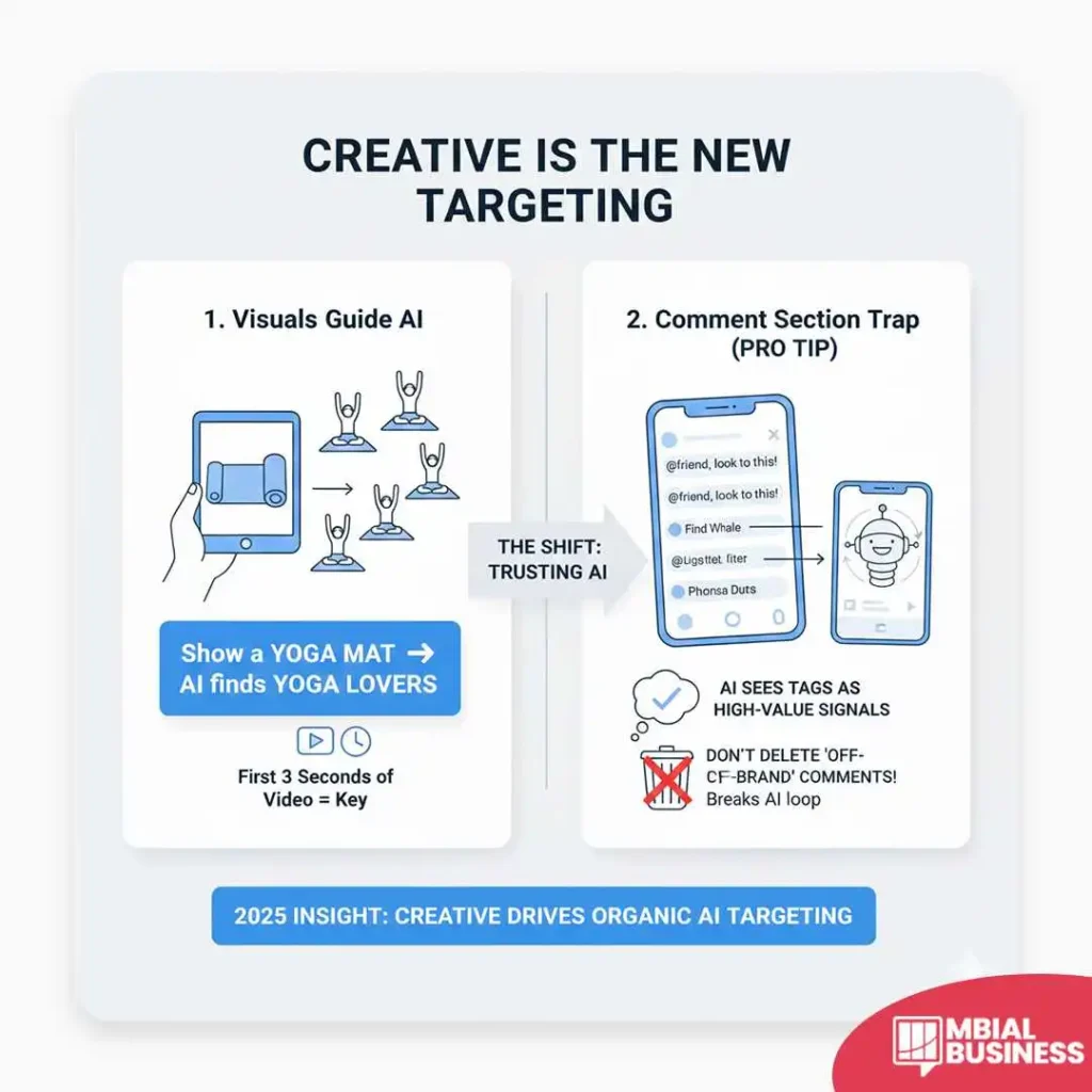 A marketing infographic titled "Creative is the New Targeting" which explains how modern AI algorithms use content to find audiences. The first section, "Visuals Guide AI," illustrates that showing a specific product like a yoga mat allows the AI to identify and target yoga lovers, emphasizing that the first three seconds of a video are key. The second section, "Comment Section Trap," highlights that AI views user tags as high-value signals and advises against deleting "off-brand" comments because doing so can break the AI learning loop. A central arrow labeled "The Shift: Trusting AI" connects these concepts, and a blue banner at the bottom provides a "2025 Insight" stating that creative content is what drives organic AI targeting.