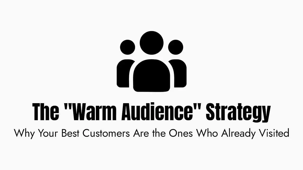 A minimalist marketing graphic featuring a black icon of three people figures positioned above the bold title text "the warm audience strategy." Below the main title, a sub-headline reads, "why your best customers are the ones who already visited." The entire design uses a high-contrast black and white color scheme, emphasizing the importance of retargeting and engaging with potential customers who have already interacted with a brand or website.