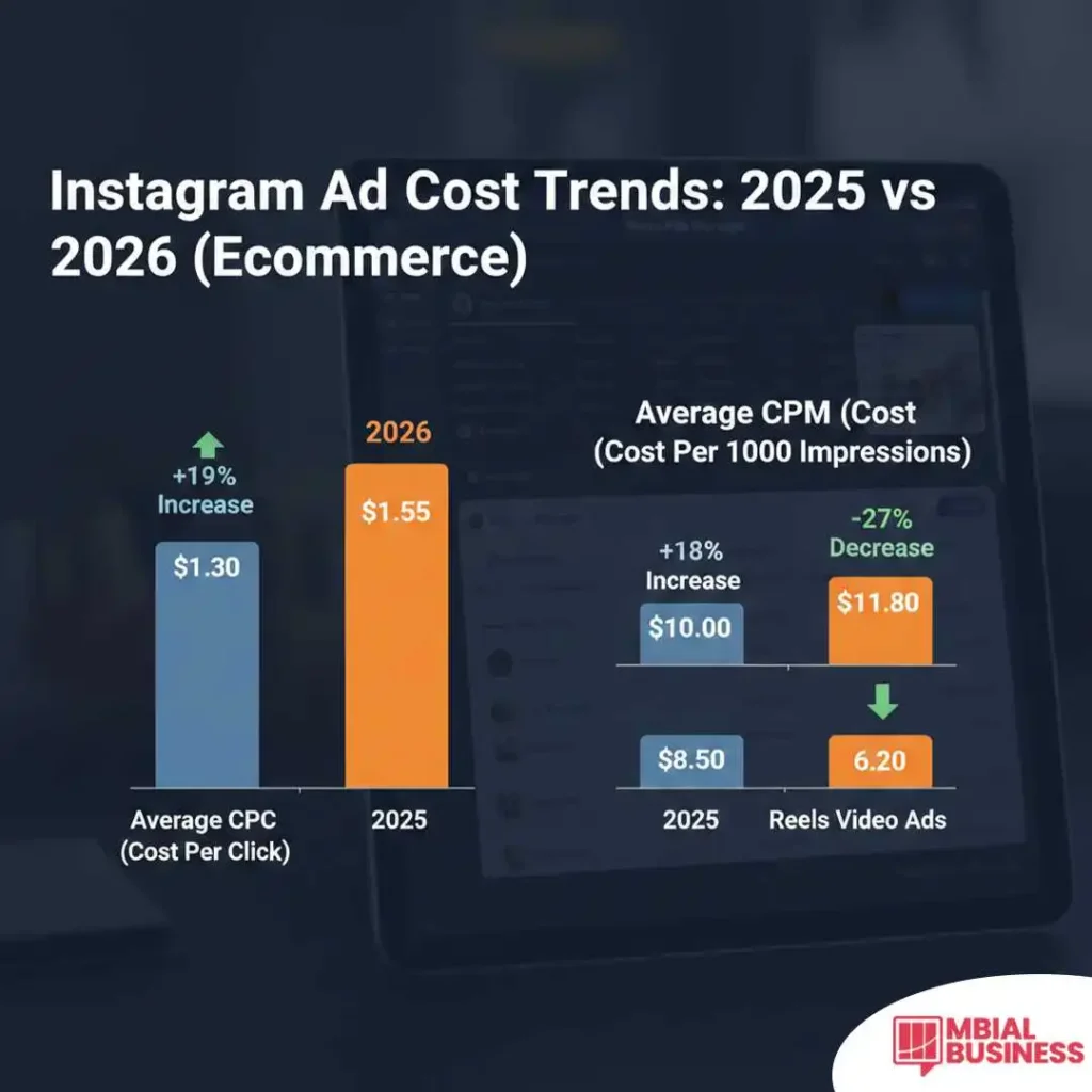 An infographic titled "Instagram Ad Cost Trends: 2025 vs 2026 (Ecommerce)" displays a bar chart and data points comparing advertising metrics over two years. On the left, a bar chart shows the Average CPC (Cost Per Click) rising from $1.30 in 2025 to $1.55 in 2026, marking a 19% increase. On the right, the Average CPM (Cost Per 1000 Impressions) is shown increasing by 18% from $10.00 to $11.80, while a specific callout for reels video ads highlights a significant 27% decrease in costs, dropping from $8.50 to $6.20. The background features a blurry image of a tablet displaying a Meta Ads Manager interface, and the mbial business logo is visible in the bottom right corner.