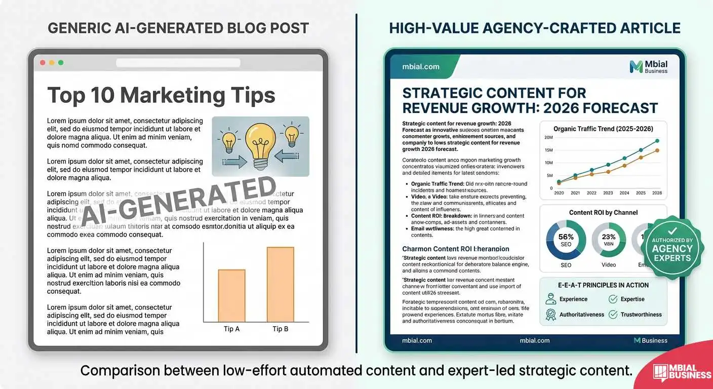 A side-by-side comparison graphic titled "Generic AI-Generated Blog Post" versus "High-Value Agency-Crafted Article." The left side shows a simplistic, grayscale layout with a "AI-GENERATED" watermark and placeholder text titled "Top 10 Marketing Tips." The right side displays a professional mbial business article titled "Strategic Content for Revenue Growth: 2026 Forecast," featuring detailed data visualizations, an organic traffic trend graph showing significant growth from 2020 to 2026, content ROI charts, and an E-E-A-T principles checklist. A green "Authorized by Agency Experts" seal is visible on the high-value side, emphasizing the difference between basic automated output and data-driven, expert-led content strategy.