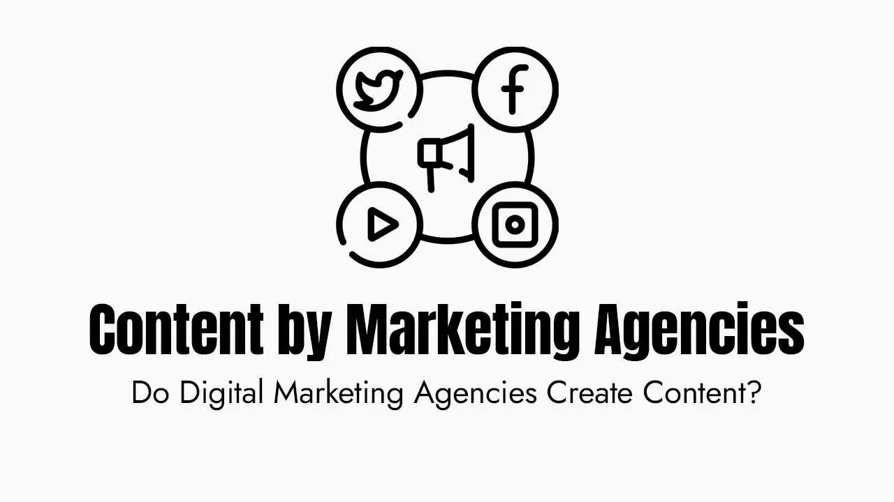 a black and white graphic illustration featuring a central megaphone icon surrounded by four circular social media logos representing twitter, facebook, youtube, and instagram. the icons are interconnected by curved lines to suggest a unified marketing strategy. below the illustration, the bold text reads "content by marketing agencies" followed by the question "do digital marketing agencies create content?" in a smaller, lighter font. the overall design is clean and minimalist, emphasizing the role of agencies in managing and distributing content across various digital platforms.
