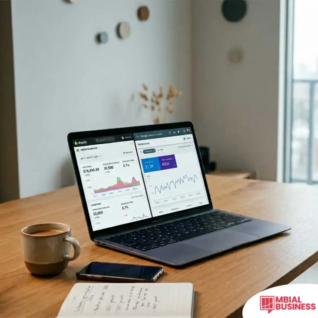 A high-angle lifestyle shot of a modern workspace featuring an open laptop on a light wooden desk displaying detailed e-commerce analytics and performance charts from platforms like Shopify and Google Search Console. Next to the laptop sits a ceramic mug of coffee, a smartphone, and an open notebook filled with handwritten SEO and schema optimization notes dated 2026. The bottom right corner of the image includes the Mbial Business logo over a white curved overlay, set against a blurred background of a minimalist home office with natural light streaming in from a window.